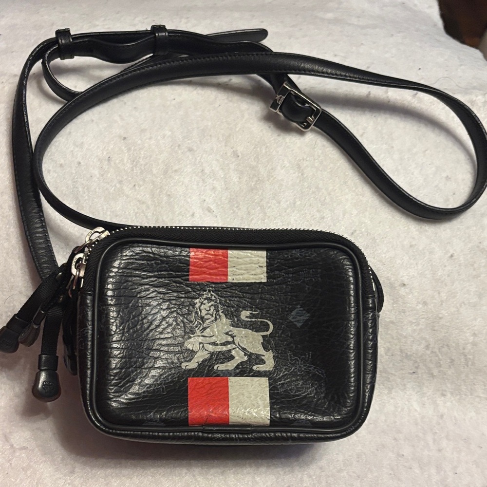 MCM Black Leather Mini Crossbody Bag with Red & Cream Stripes